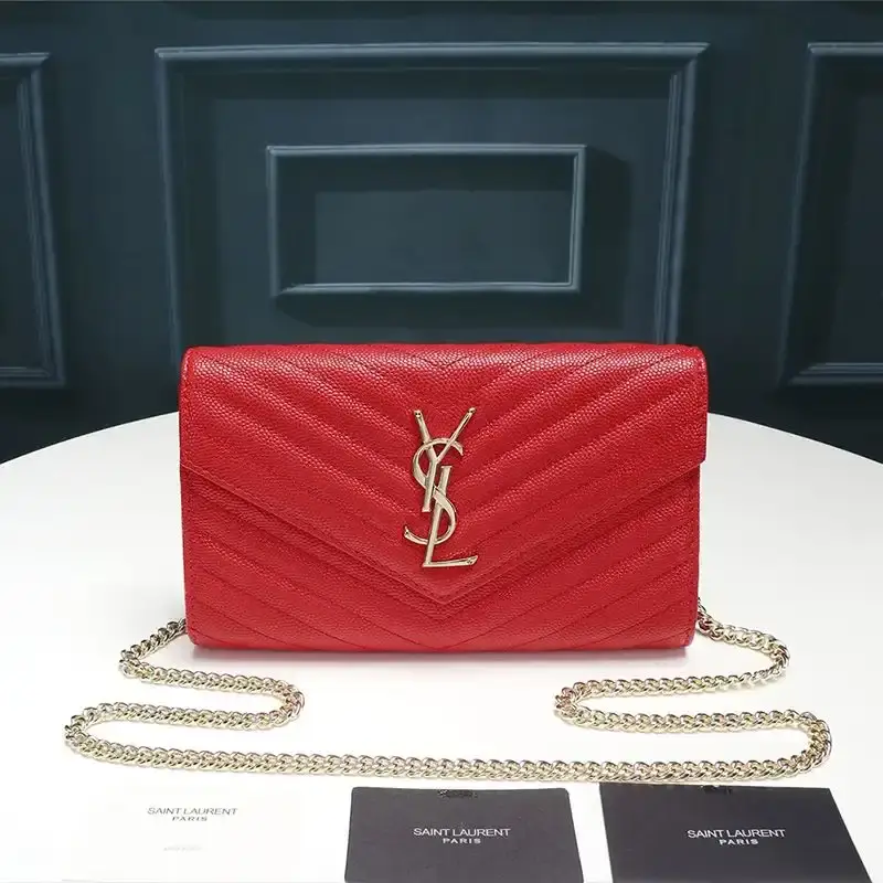 Saint Laurent Large Monogram Chain Wallet In Textured Matelasse Leather Red/Gold