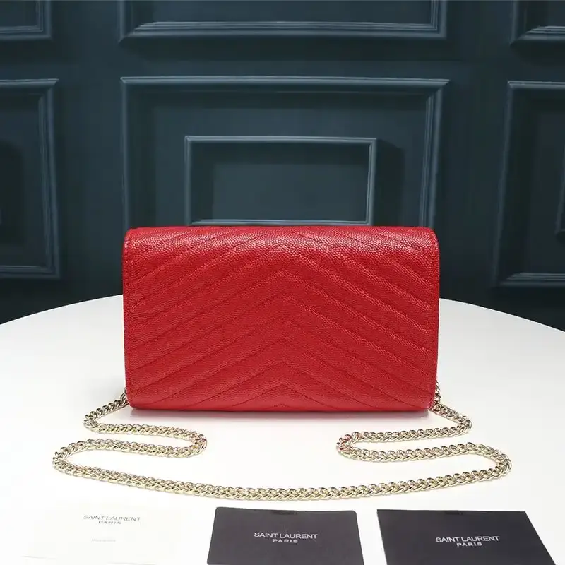Saint Laurent Large Monogram Chain Wallet In Textured Matelasse Leather Red/Gold