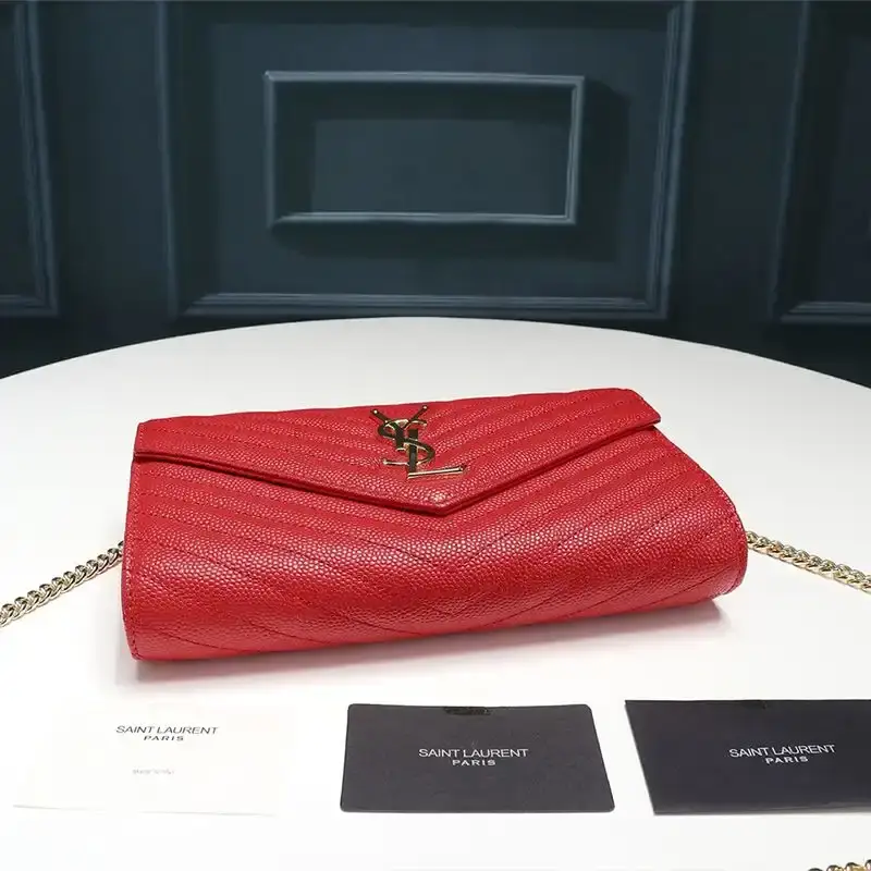 Saint Laurent Large Monogram Chain Wallet In Textured Matelasse Leather Red/Gold