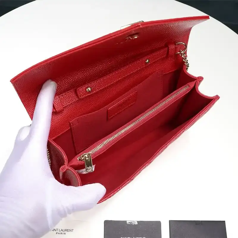 Saint Laurent Large Monogram Chain Wallet In Textured Matelasse Leather Red/Gold