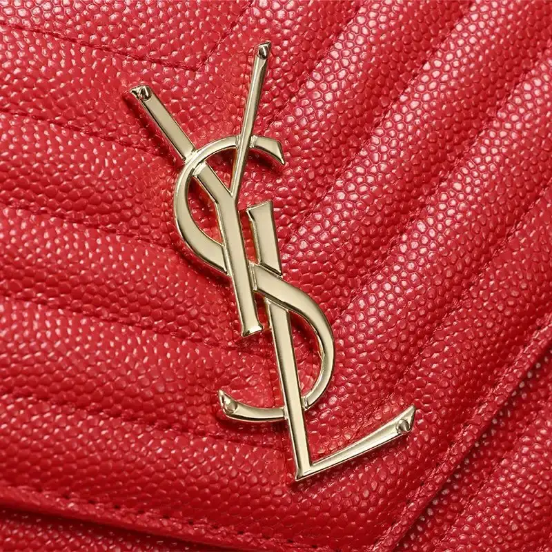 Saint Laurent Large Monogram Chain Wallet In Textured Matelasse Leather Red/Gold