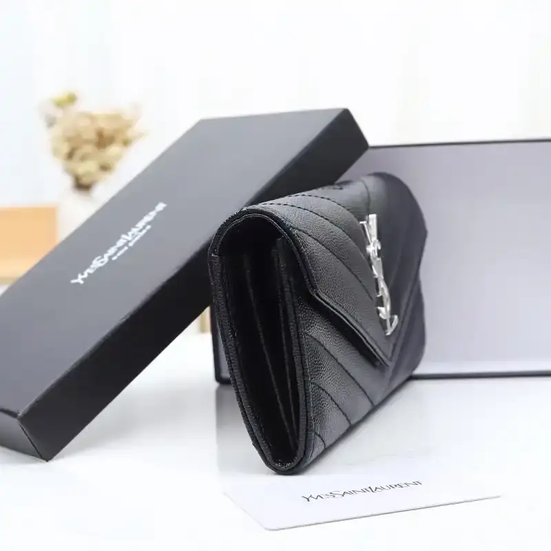 Saint Laurent Large Monogram Flap Wallet In Grained Matelasse Leather Black/Silver