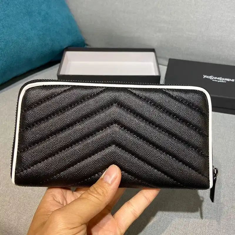 Saint Laurent Large Monogram Zip Around Wallet In Grained Matelasse Leather Black/White