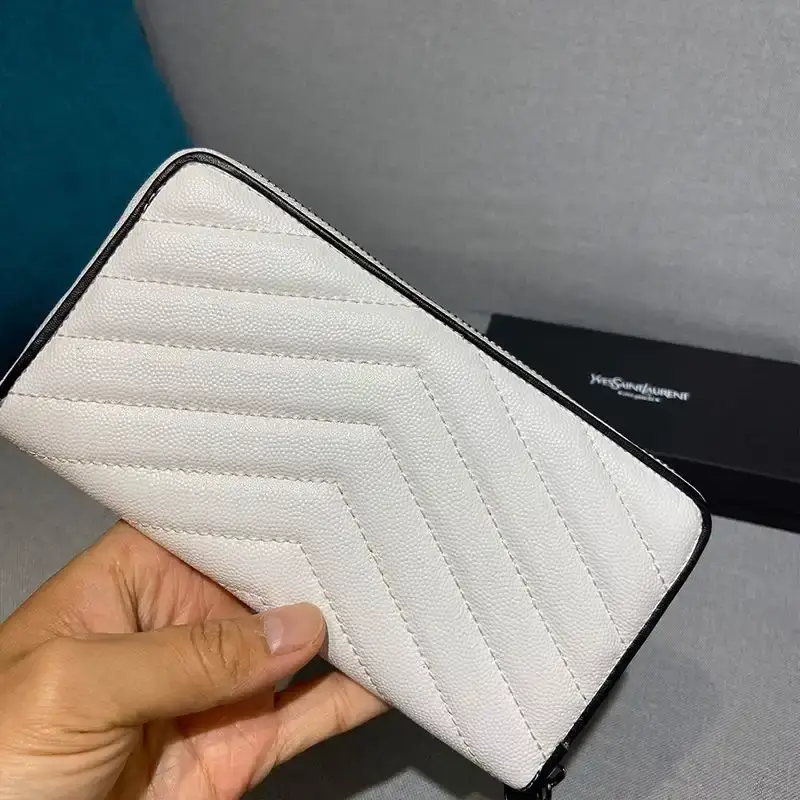 Saint Laurent Large Monogram Zip Around Wallet In Grained Matelasse Leather White/Black
