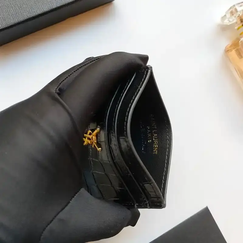 Saint Laurent Monogram Card Case In Crocodile Embossed Leather Black/Gold
