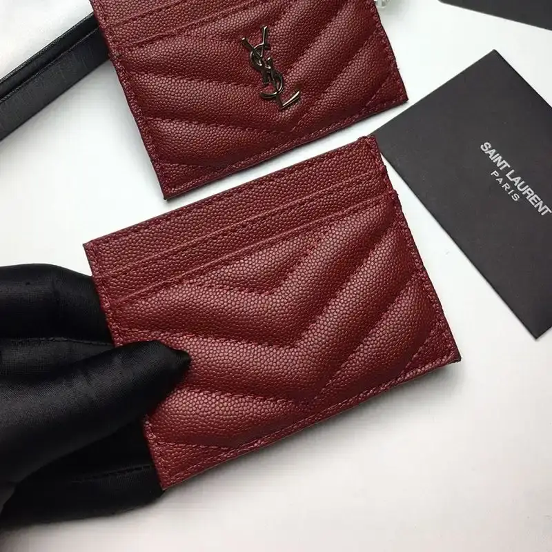 Saint Laurent Monogram Card Case In Grained Matelasse Leather Burgundy/Silver