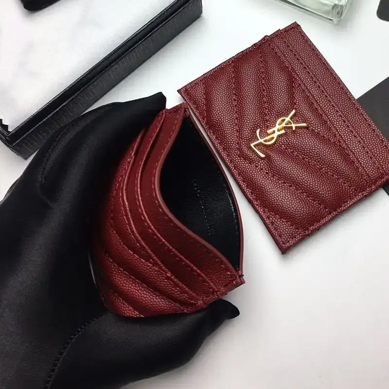 Saint Laurent Monogram Card Case In Grained Matelasse Leather Burgundy/Silver