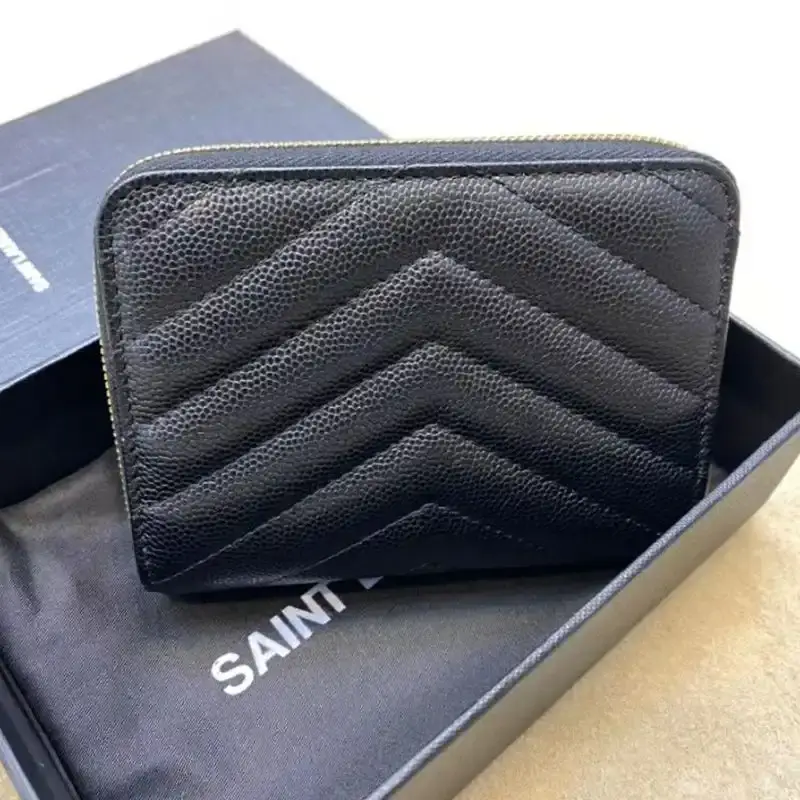 Saint Laurent Small Compact Zip Around Wallet In Grained Matelasse Leather Black/Gold