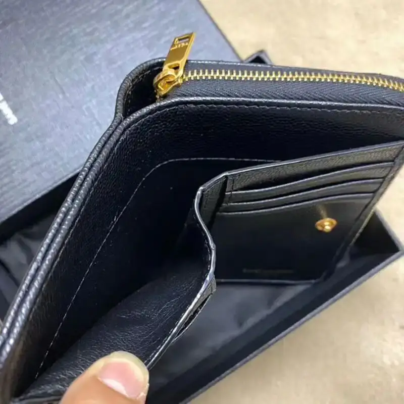 Saint Laurent Small Compact Zip Around Wallet In Grained Matelasse Leather Black/Gold