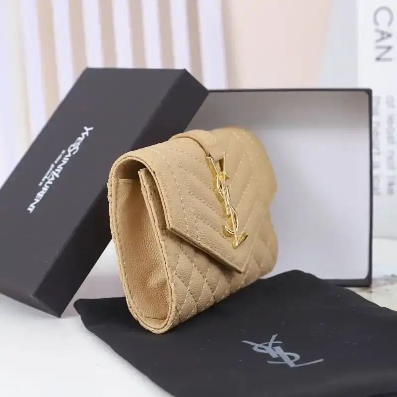 Saint Laurent Small Envelope Flap Wallet In Mixed Grained Matelasse Leather Apricot/Gold