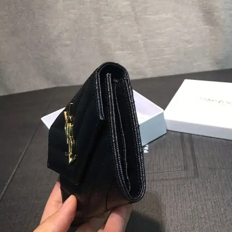 Saint Laurent Small Envelope Trifold Wallet In Grained Matelasse Leather Black/Gold