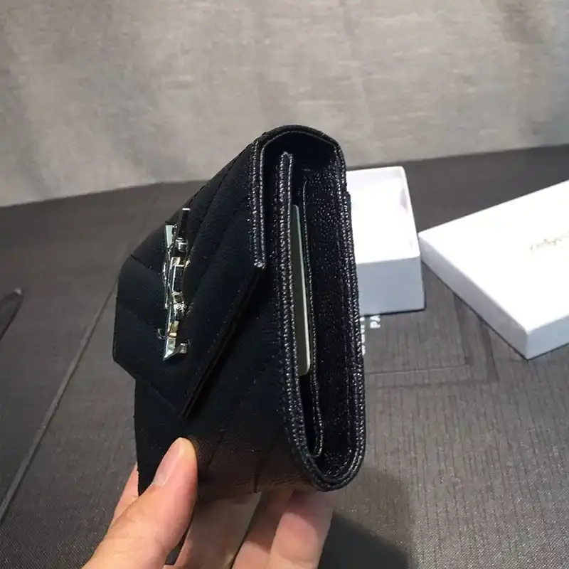 Saint Laurent Small Envelope Trifold Wallet In Grained Matelasse Leather Black/Silver