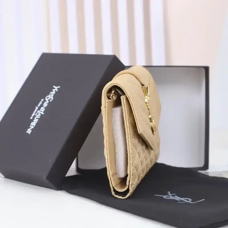 Saint Laurent Small Envelope Trifold Wallet In Mixed Grained Matelasse Leather Apricot/Gold