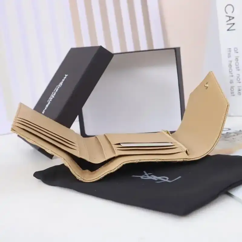 Saint Laurent Small Envelope Trifold Wallet In Mixed Grained Matelasse Leather Apricot/Gold