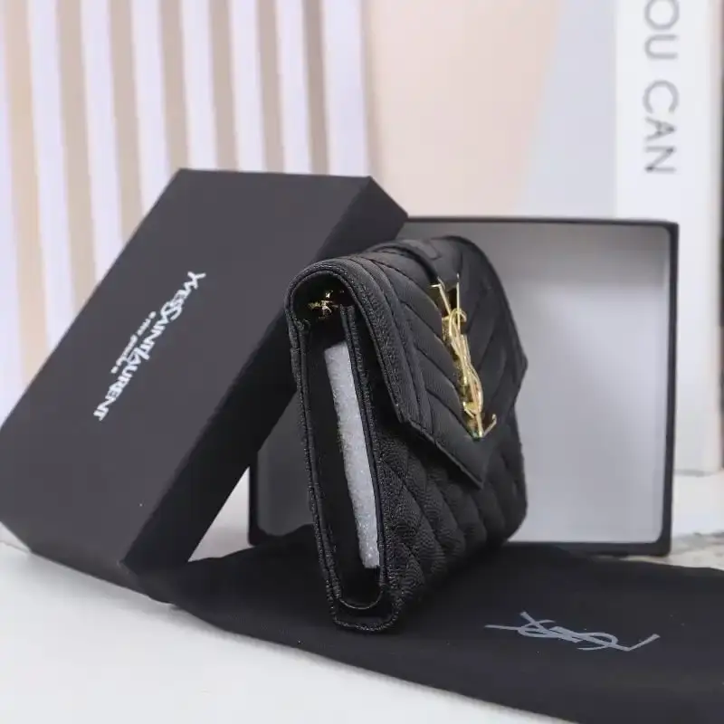 Saint Laurent Small Envelope Trifold Wallet In Mixed Grained Matelasse Leather Black/Gold