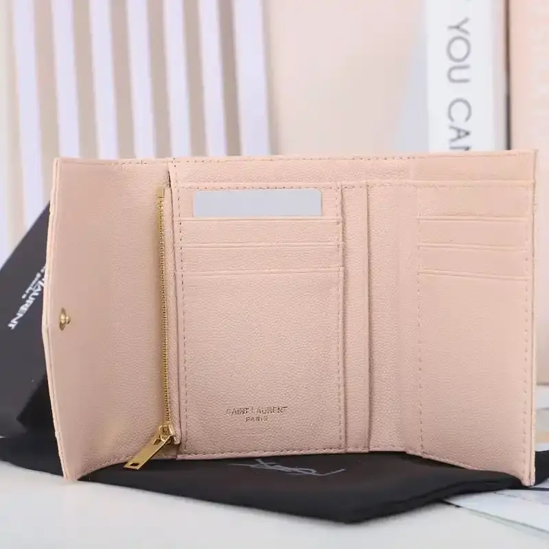Saint Laurent Small Envelope Trifold Wallet In Mixed Grained Matelasse Leather Pink/Gold