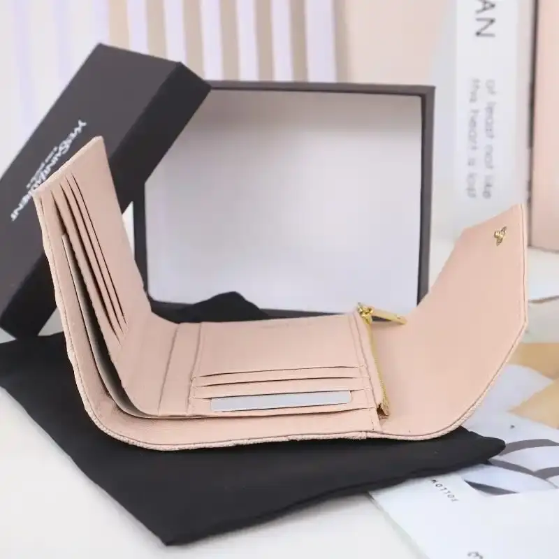 Saint Laurent Small Envelope Trifold Wallet In Mixed Grained Matelasse Leather Pink/Gold