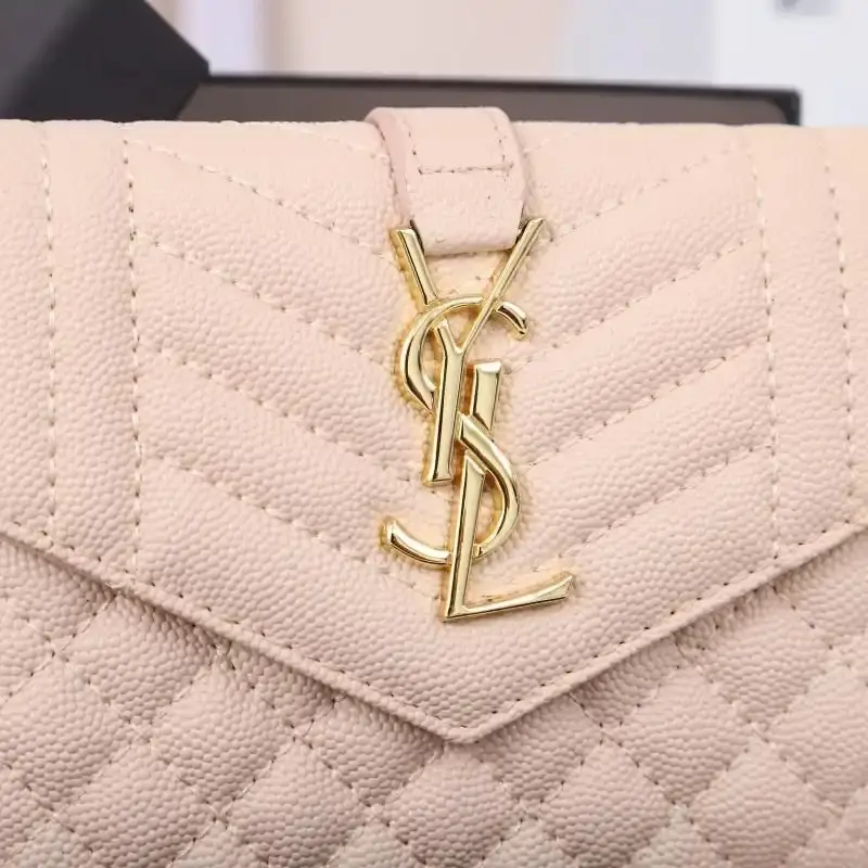 Saint Laurent Small Envelope Trifold Wallet In Mixed Grained Matelasse Leather Pink/Gold