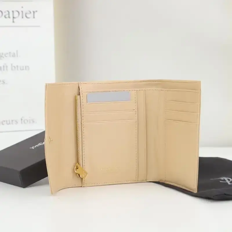 Saint Laurent Small Gaby Trifold Wallet In Quilted Lambskin Apricot/Gold