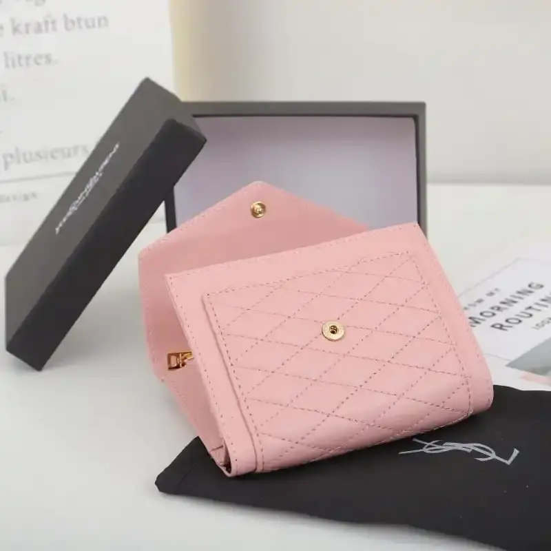 Saint Laurent Small Gaby Trifold Wallet In Quilted Lambskin Pink/Gold