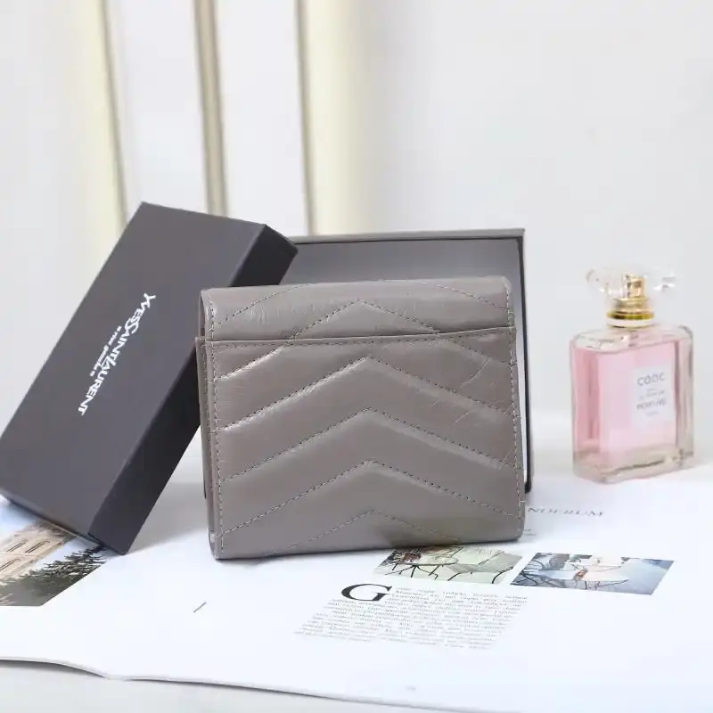 Saint Laurent Small Monogram Trifold Wallet In Crinkled Matelasse Leather Grey