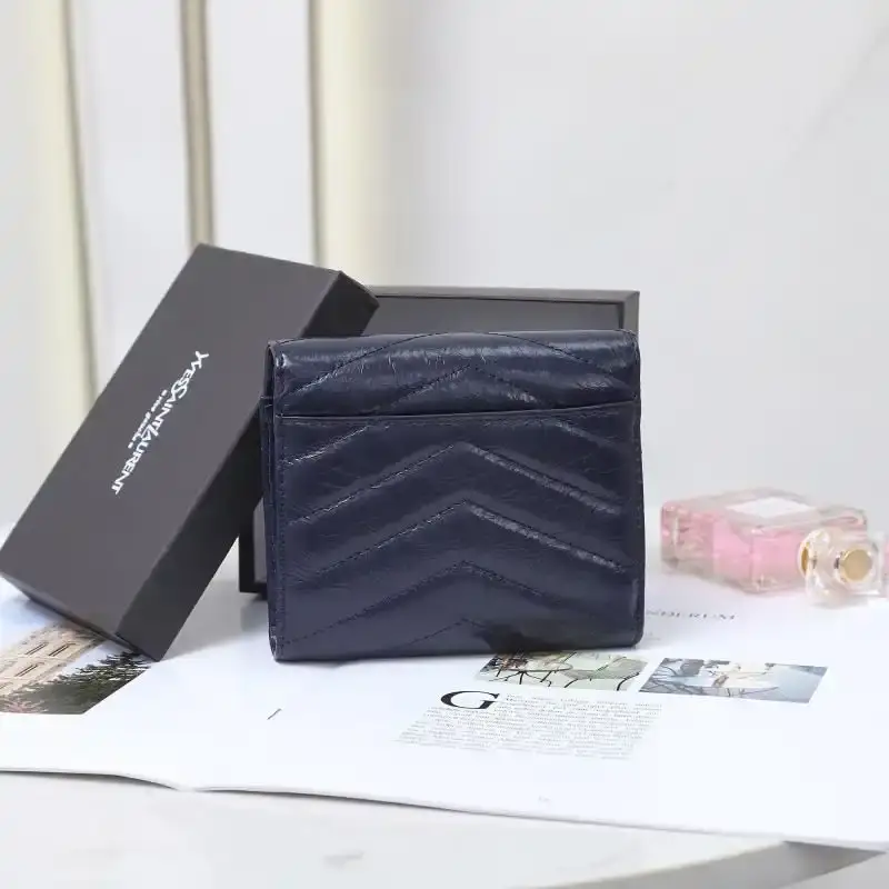 Saint Laurent Small Monogram Trifold Wallet In Crinkled Matelasse Leather Navy Blue