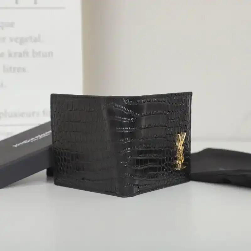 Saint Laurent Small Tiny Monogram East/West Wallet In Crocodile Embossed Leather Black/Gold