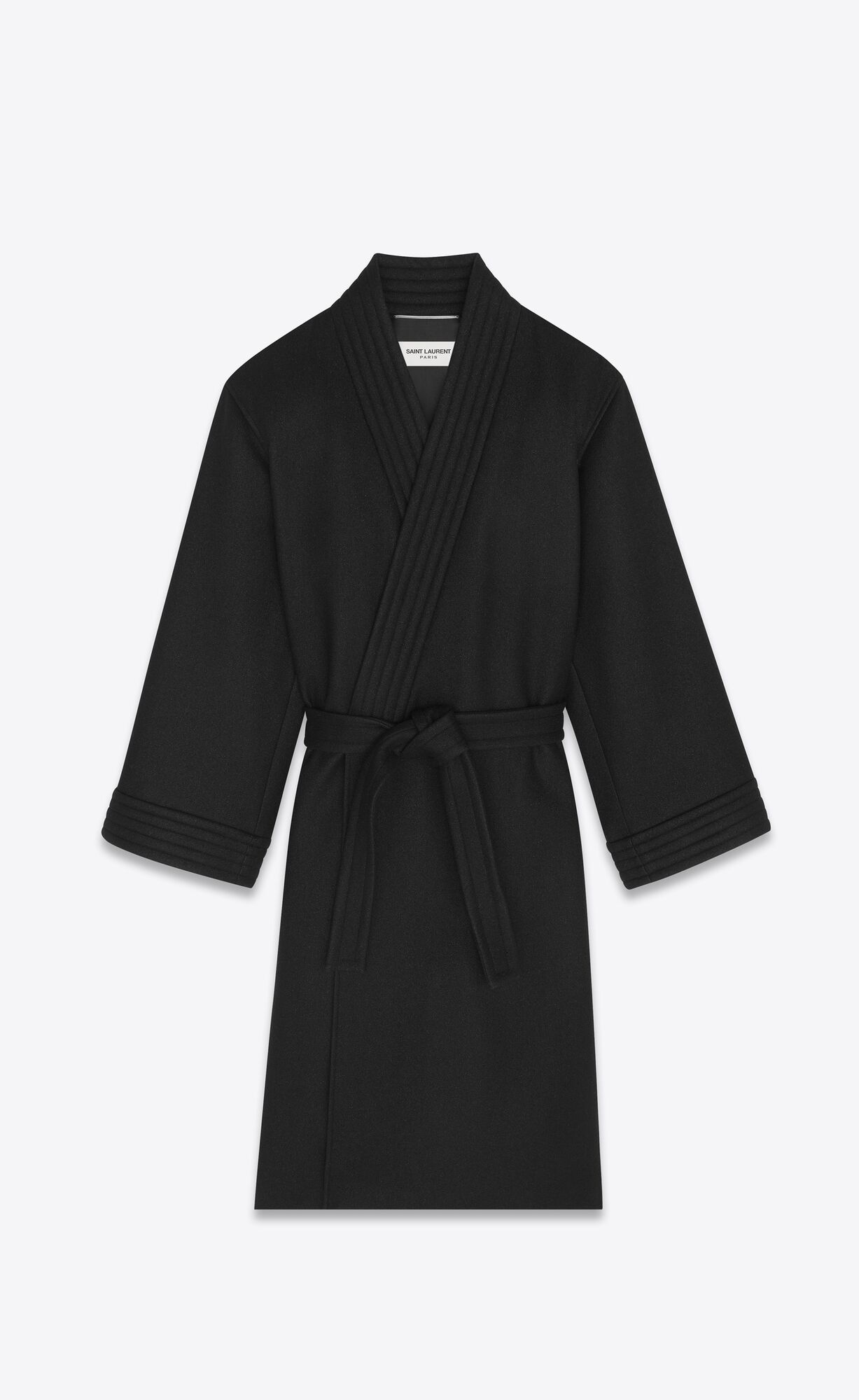 YSL Belted Coat In Wool Felt Noir Brillant | 7401689-GF