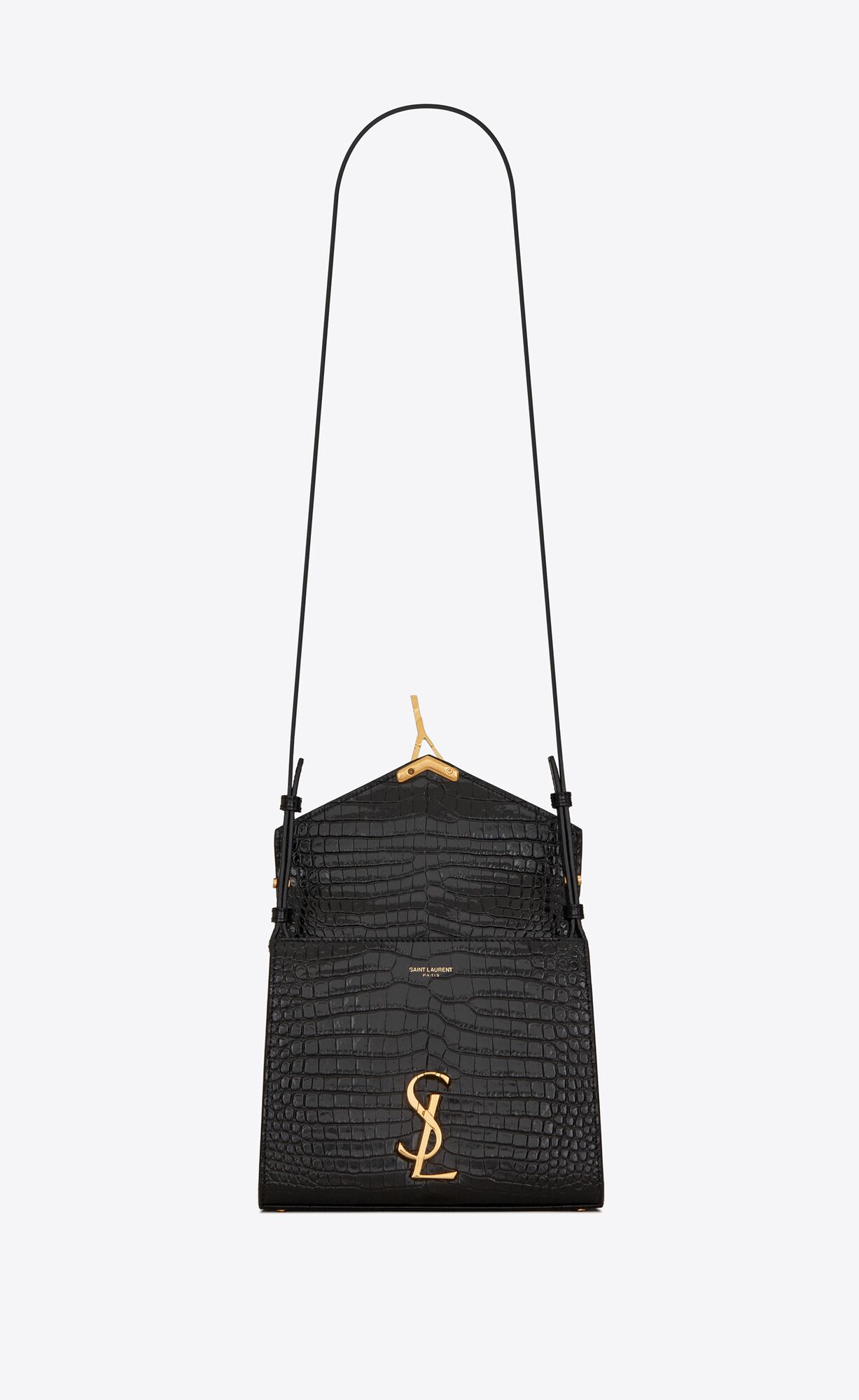 YSL Cassandra Mini Top Handle Bag In Crocodile-embossed Shiny Leather Black | 7094862-PN