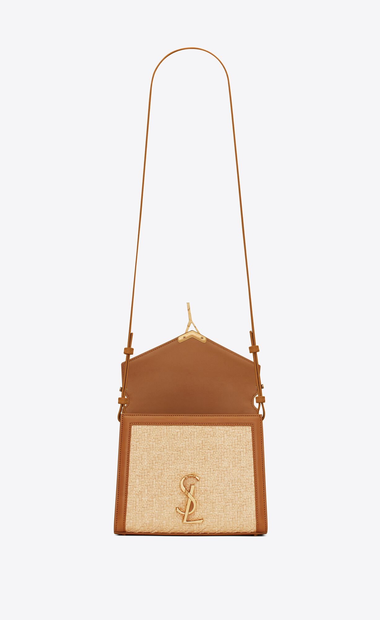 YSL Cassandra Mini Top Handle Bag In Raffia And Vegetable-tanned Leather Natural Sand And Brick | 1523980-CY