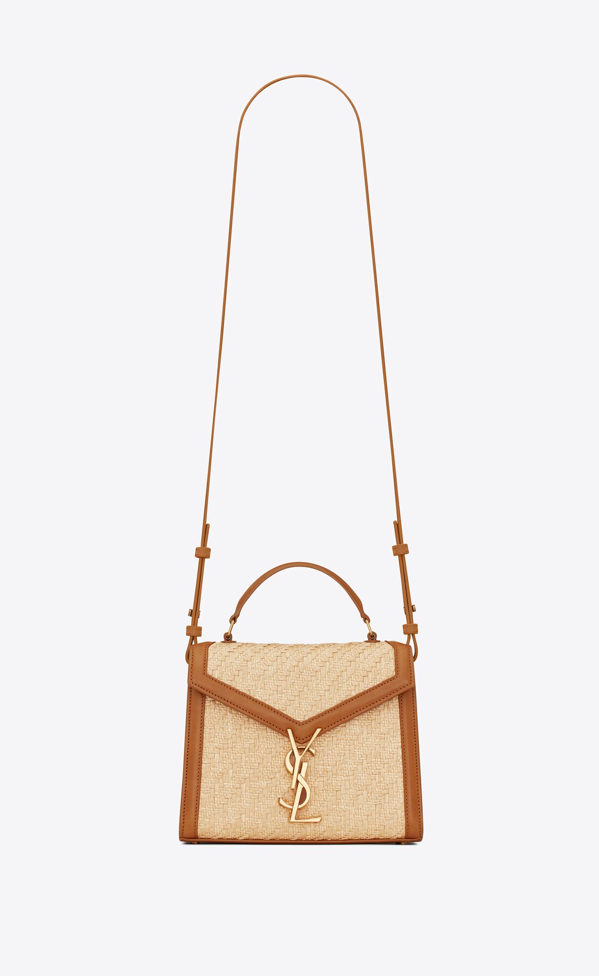 YSL Cassandra Mini Top Handle Bag In Raffia And Vegetable-tanned Leather Natural Sand And Brick | 1523980-CY