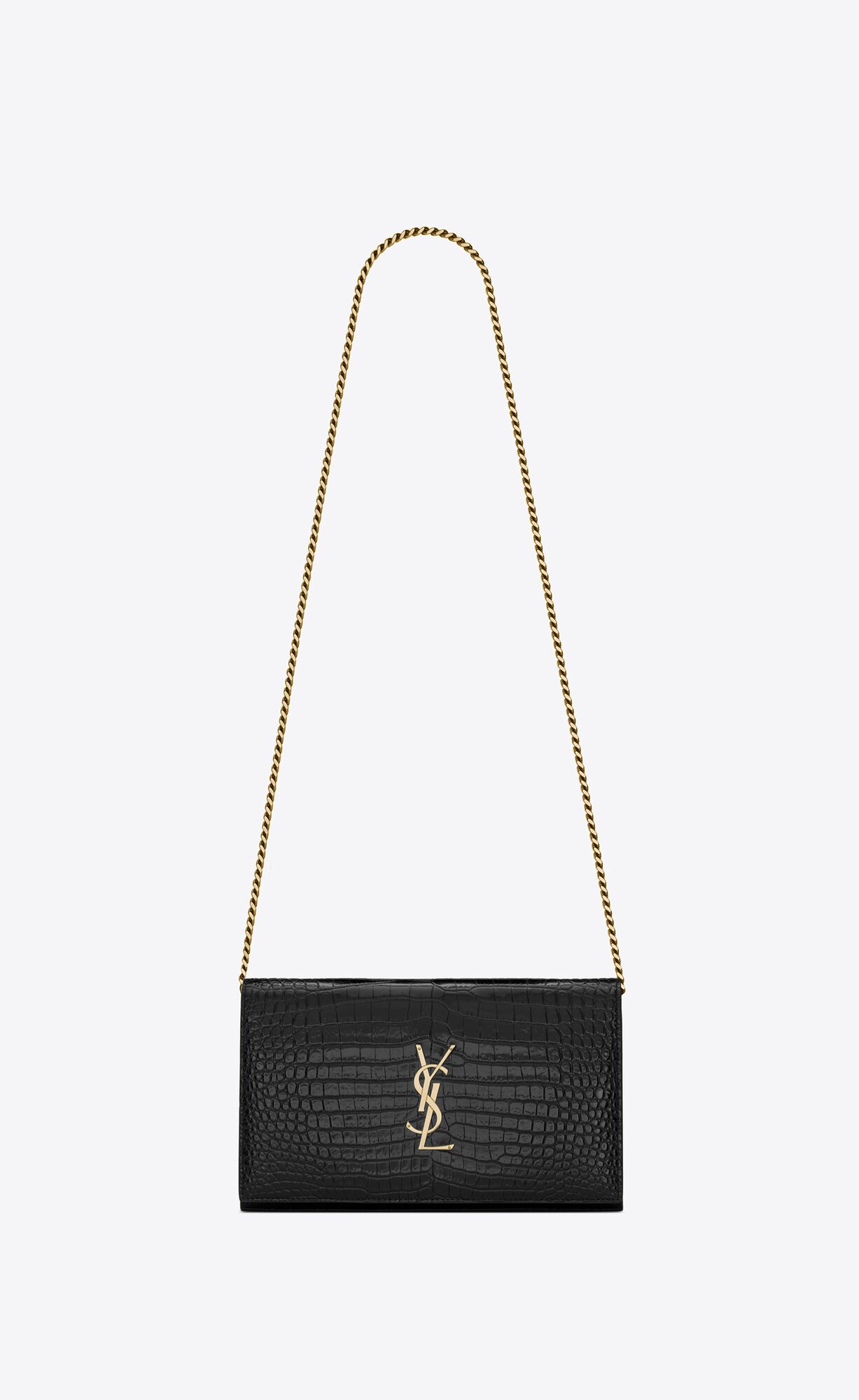 YSL Cassandre Chain Wallet In Crocodile-embossed Shiny Leather Black | 9057468-CS