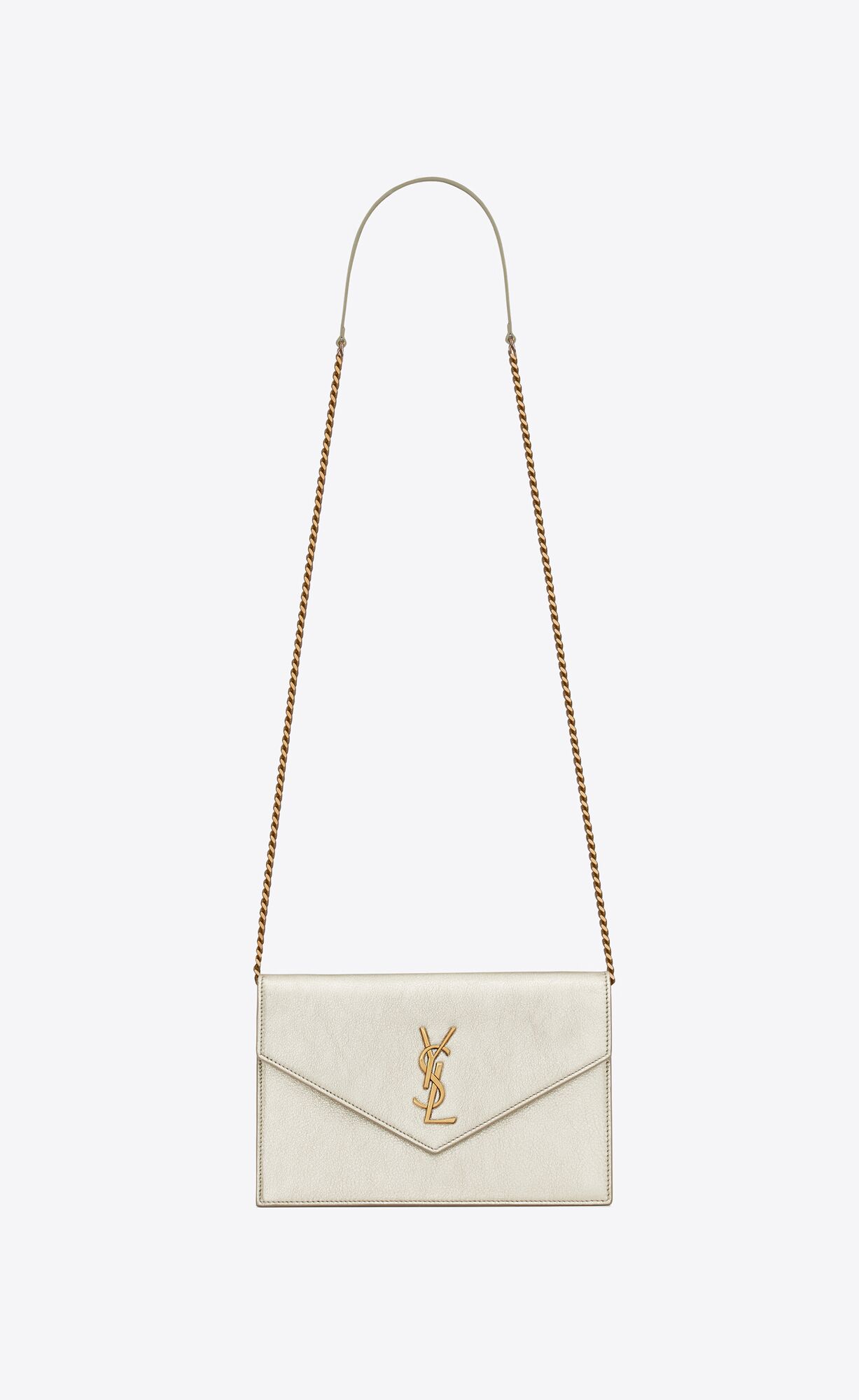 YSL Cassandre Envelope Chain Wallet In Metallized Leather Pale Gold | 2617053-VC