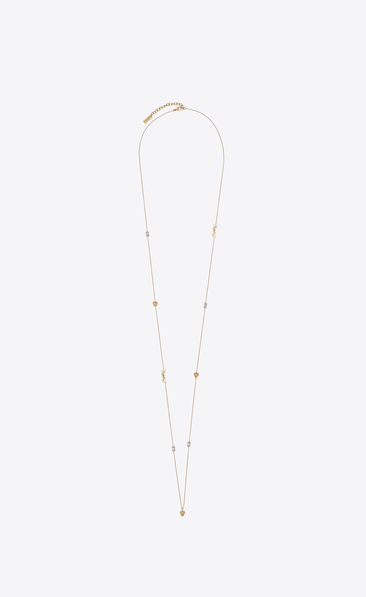 YSL Cassandre, Heart And Rhinestone Long Necklace In Metal Aged Brass Gold | 8976014-VQ