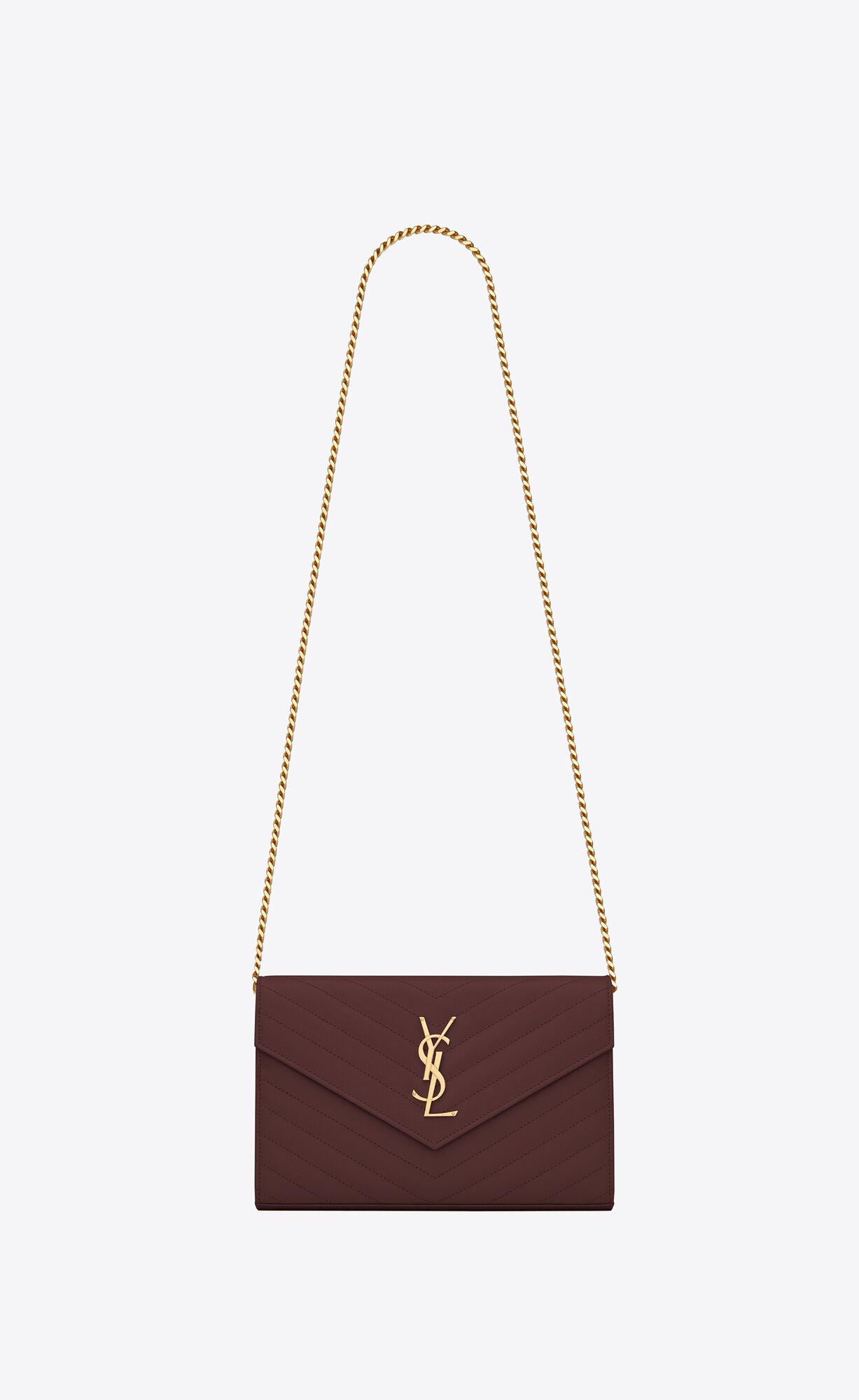 YSL Cassandre Matelassé Chain Wallet In Grain De Poudre Embossed Leather Rouge Legion | 3490786-LE