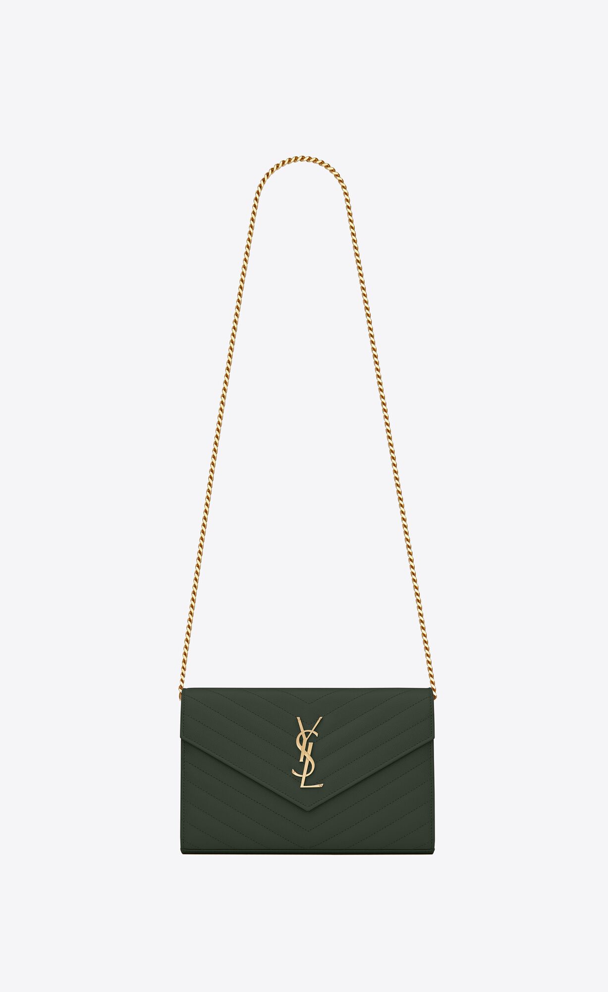 YSL Cassandre Matelassé Chain Wallet In Grain De Poudre Embossed Leather Dark Green | 8637254-EU