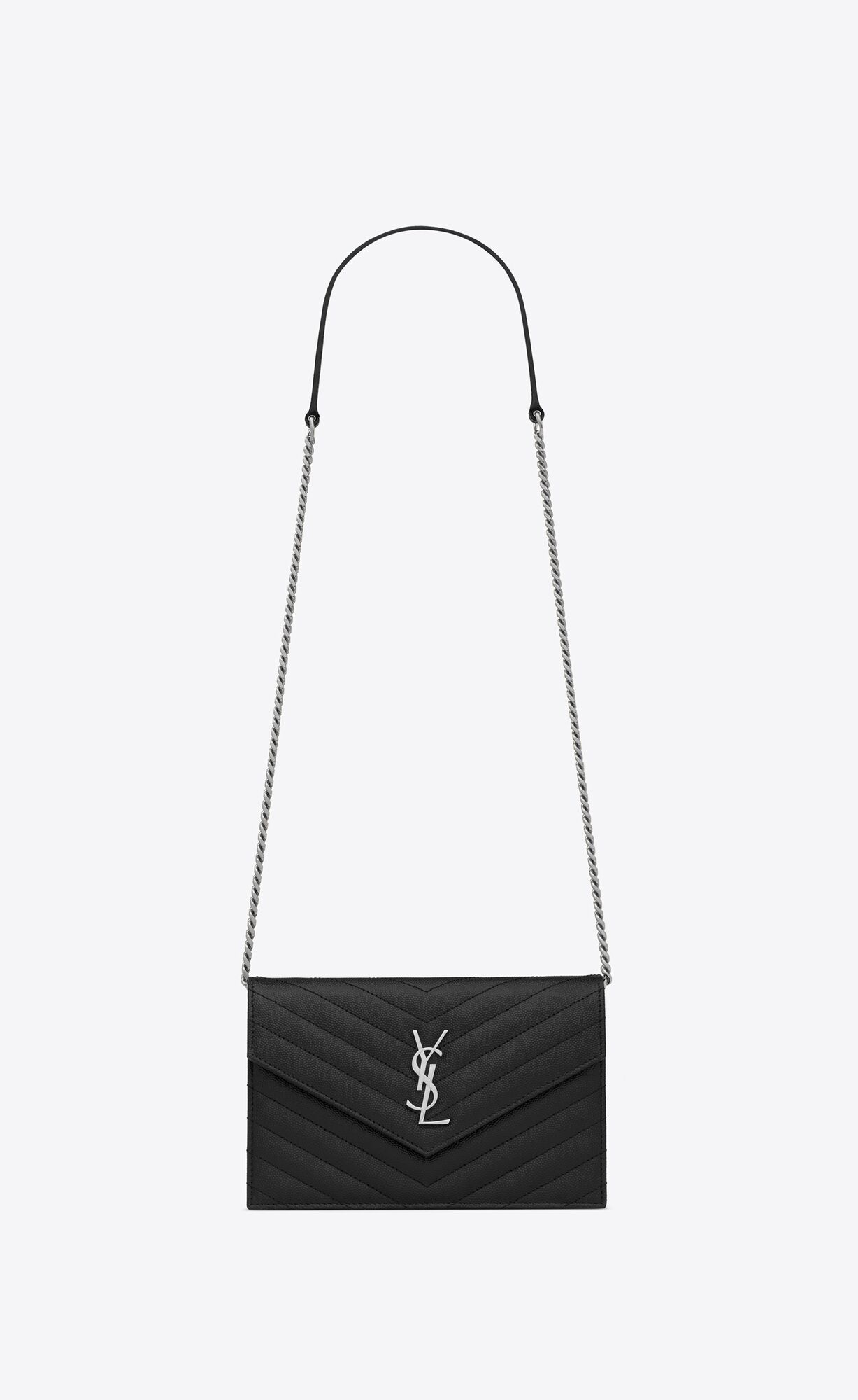 YSL Cassandre Matelassé Envelope Chain Wallet In Grain De Poudre Embossed Leather Noir | 5140982-FU