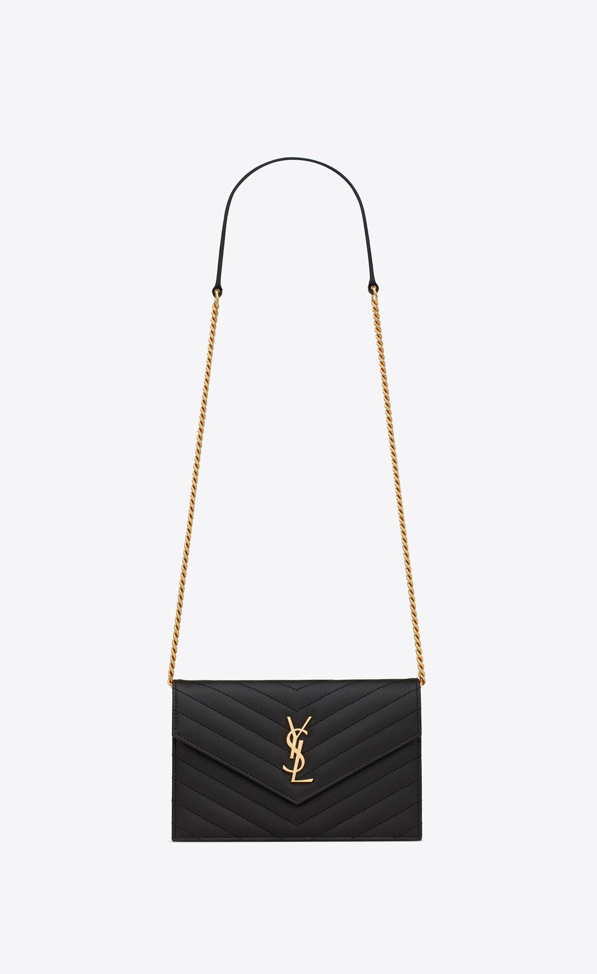 YSL Cassandre Matelassé Envelope Chain Wallet In Grain De Poudre Embossed Leather Noir | 5382174-JX