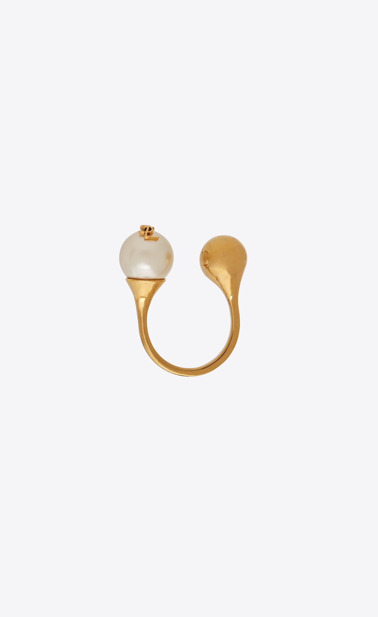 YSL Cassandre Pearl And Ball Ring In Metal Aged Brass Gold And Cream | 1862739-GX
