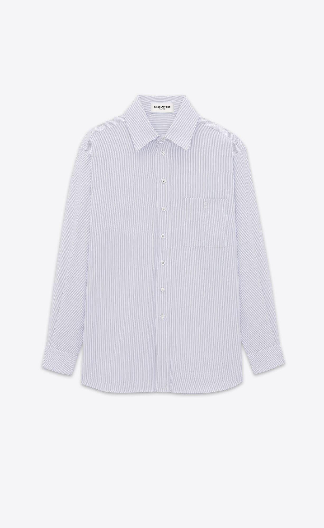 YSL Cassandre Shirt In Striped Cotton Poplin Blanc Bleu | 5749380-XY