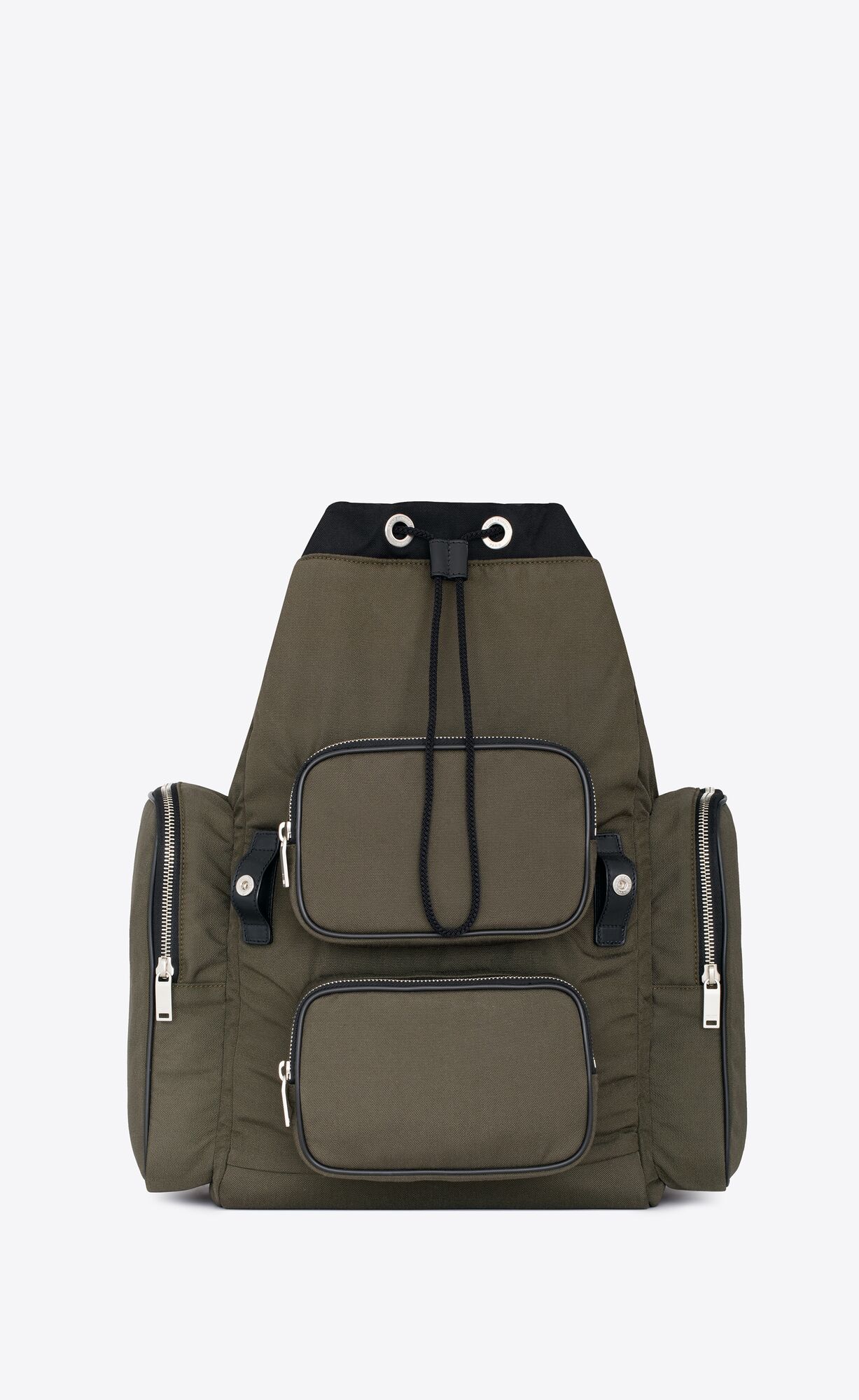 YSL City Multipocket Backpack In Canvas, Smooth Leather And Nylon Khaki | 3586021-KV