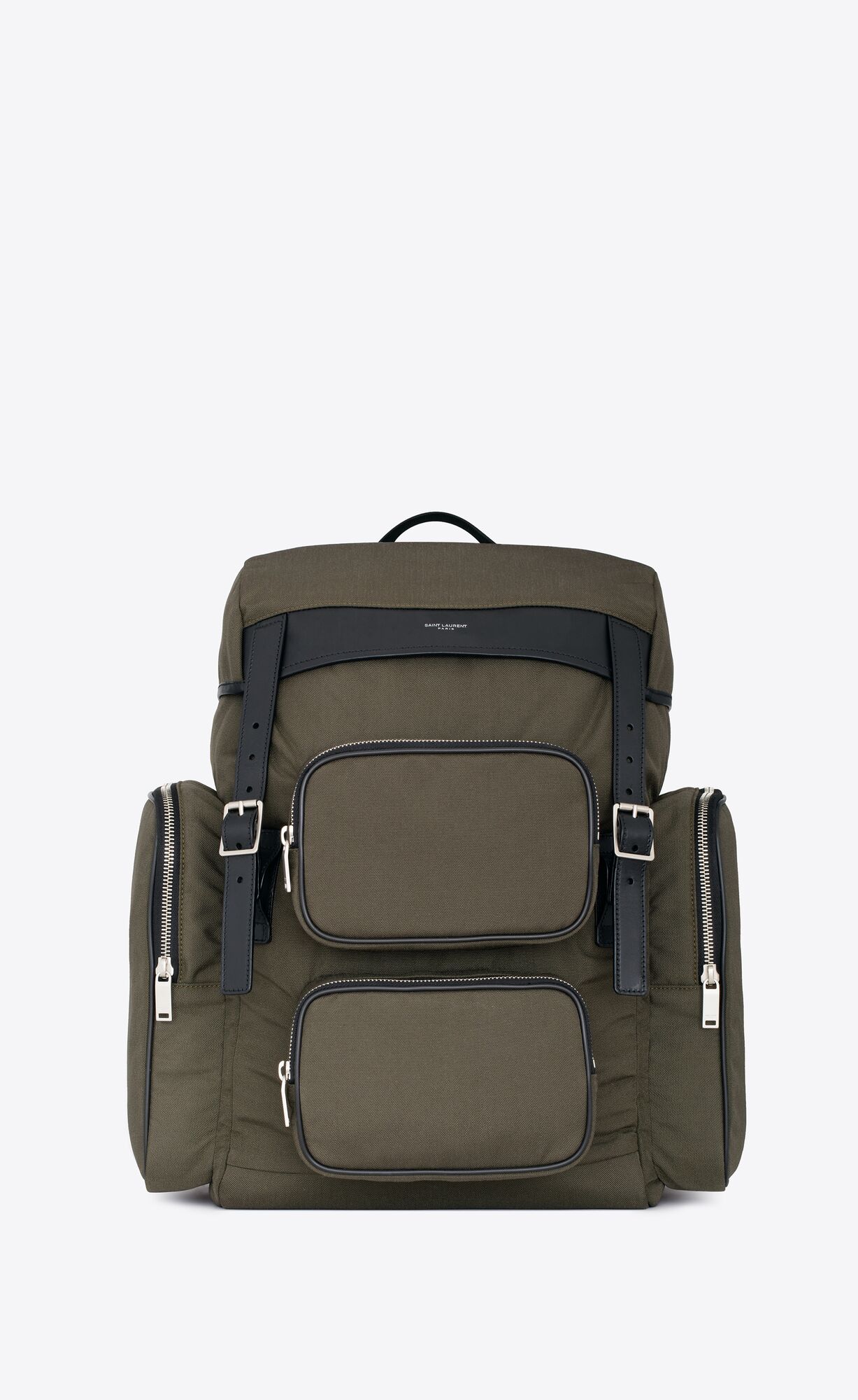YSL City Multipocket Backpack In Canvas, Smooth Leather And Nylon Khaki | 3586021-KV