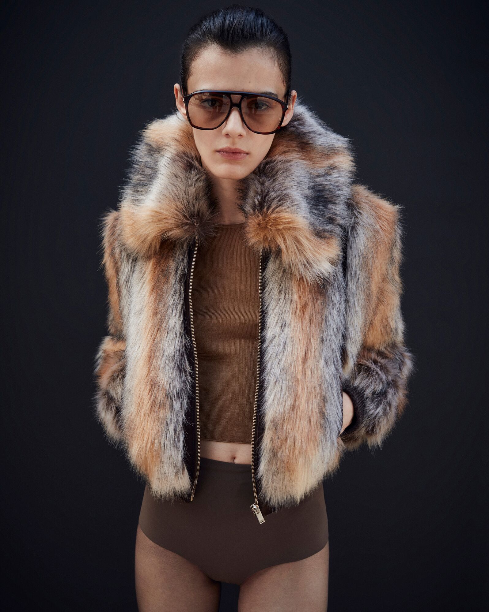 YSL Cropped Coat In Animal-free Fur Noir, Roux Et Creme | 1809437-YB