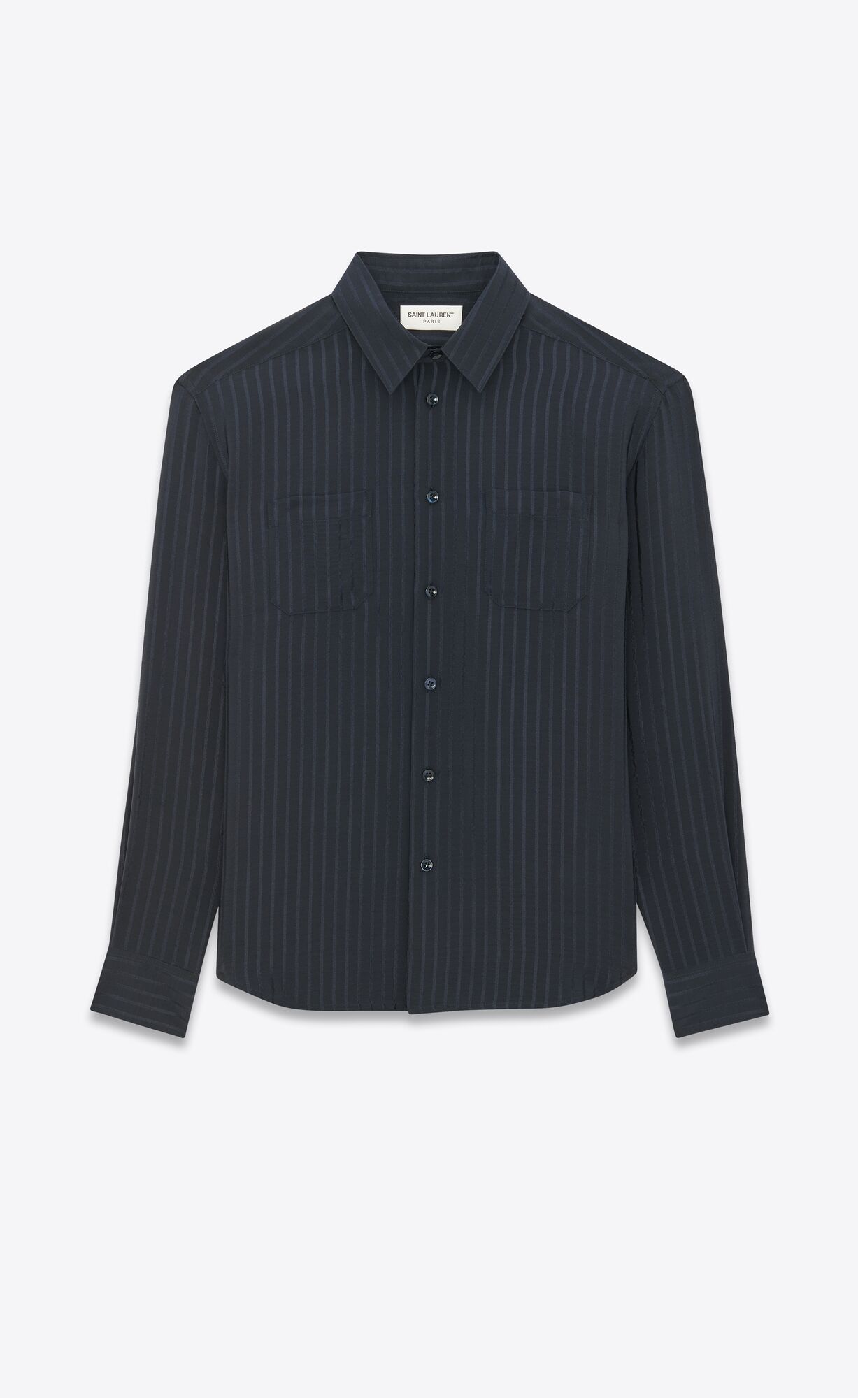 YSL Cropped Shirt In Mat And Shiny Striped Silk Bleu Nuit | 6825041-QM