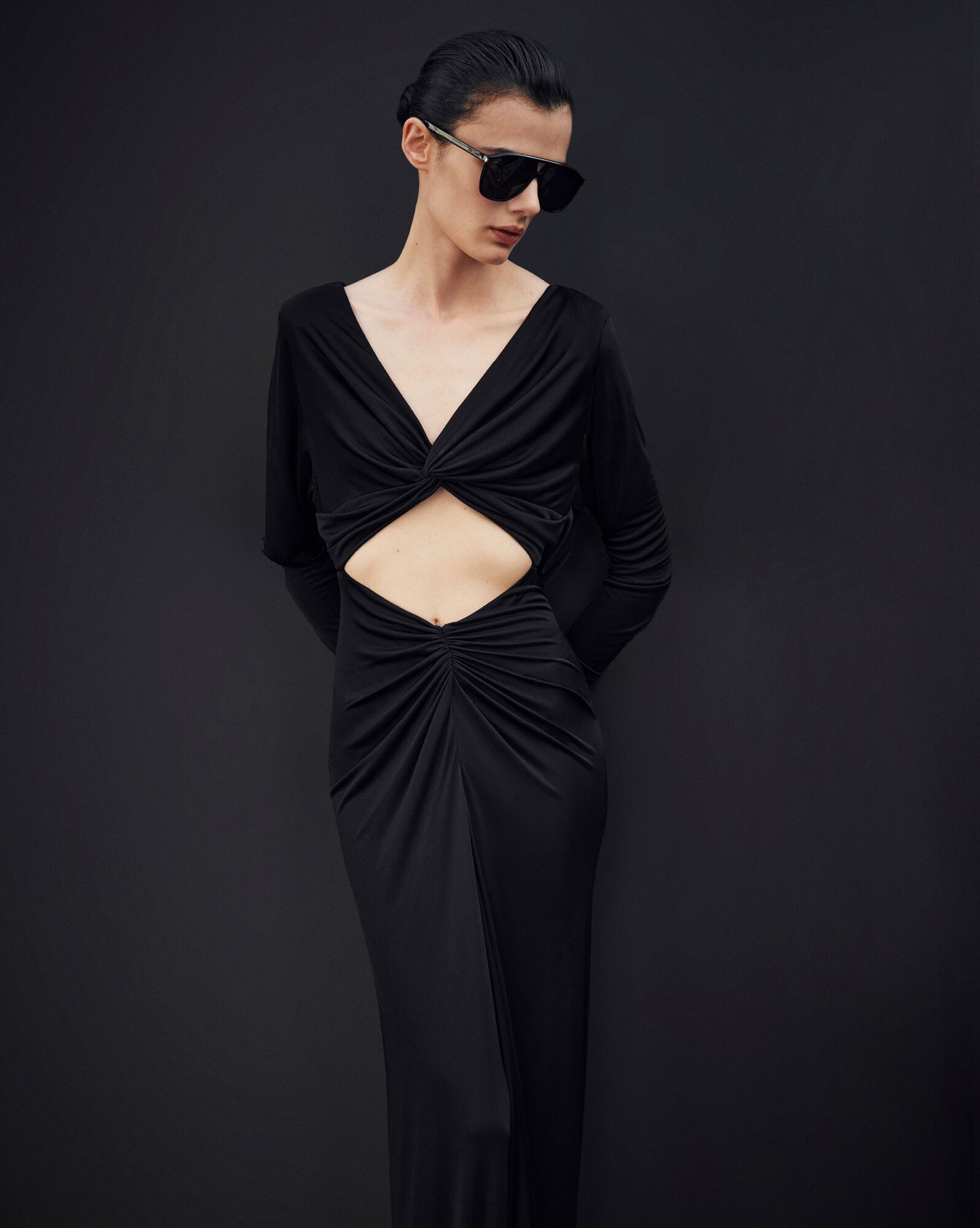 YSL Cut-out Long Dress In Shiny Jersey Black | 2918574-FX