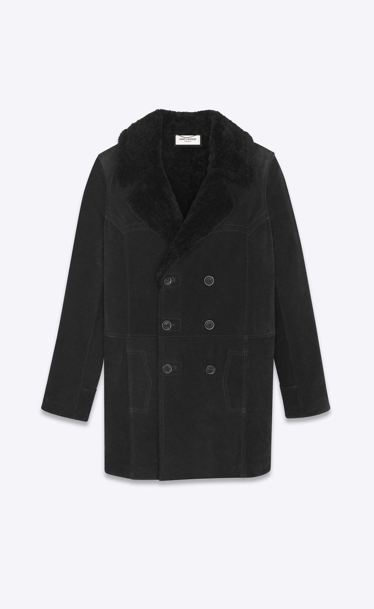 YSL Double-breasted Coat In Suede And Shearling Black | 4086529-OA