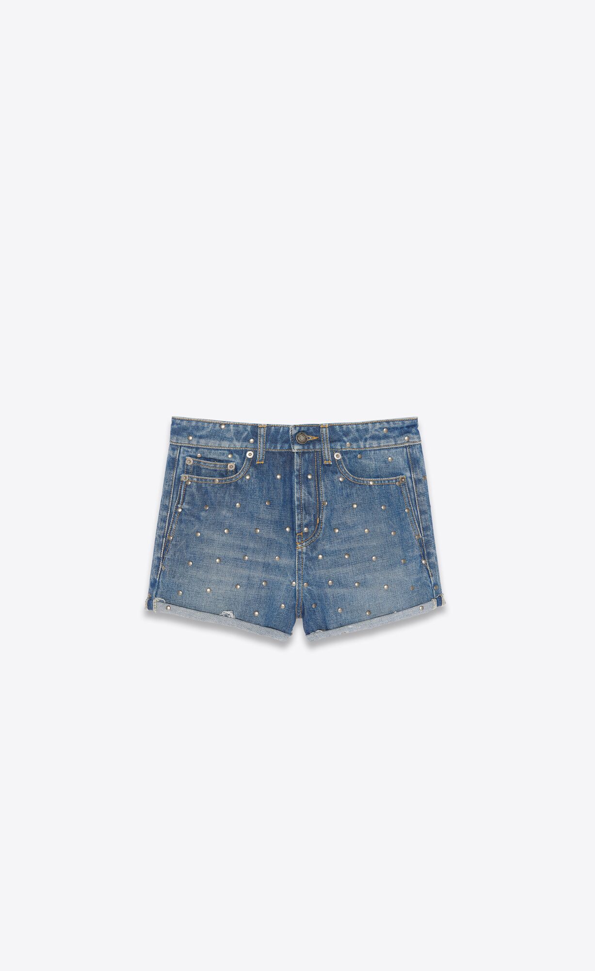 YSL High-waisted Shorts In Studded Fall Blue Denim Fall Blue | 6401952-EY