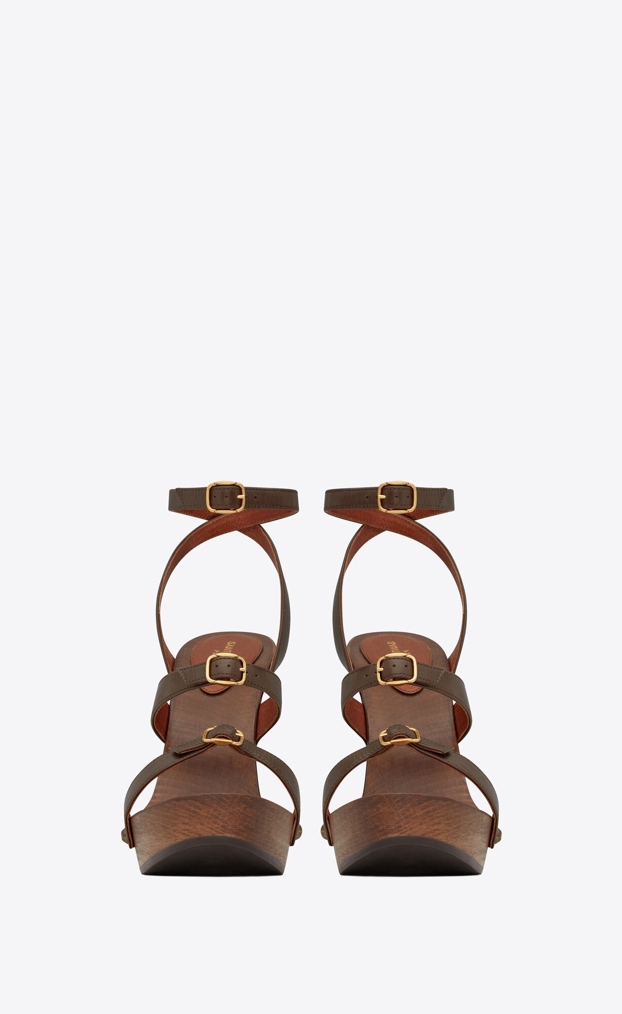 YSL Joan Platform Sandals In Smooth Leather And Wood Coffee | 7614598-XD