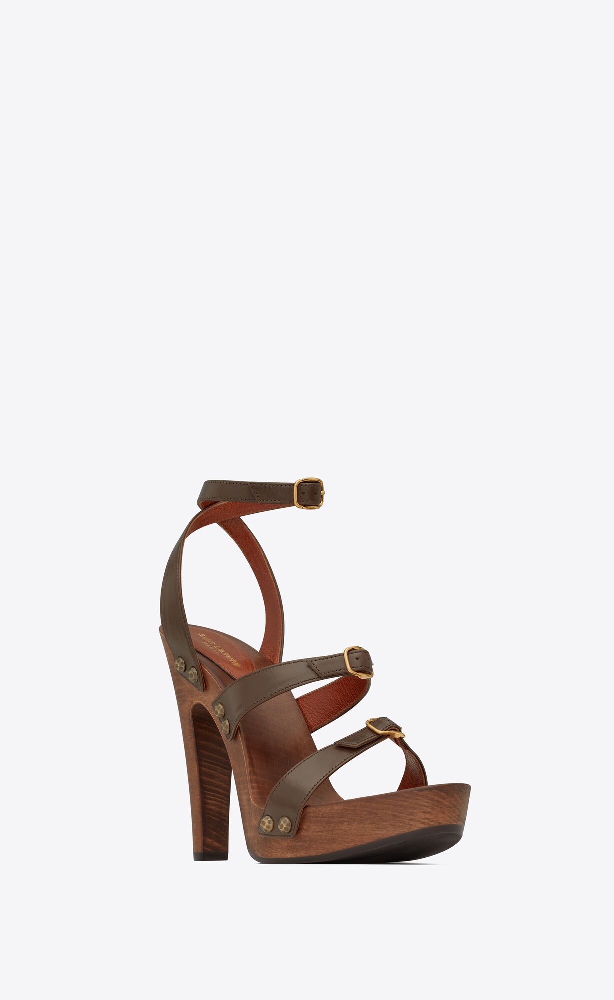 YSL Joan Platform Sandals In Smooth Leather And Wood Coffee | 7614598-XD