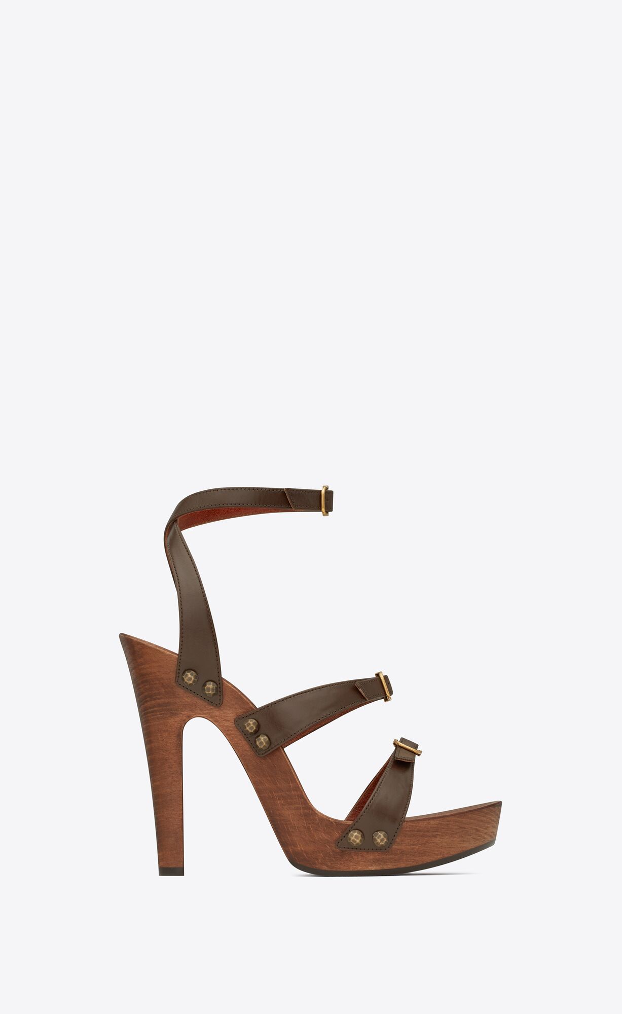 YSL Joan Platform Sandals In Smooth Leather And Wood Coffee | 7614598-XD